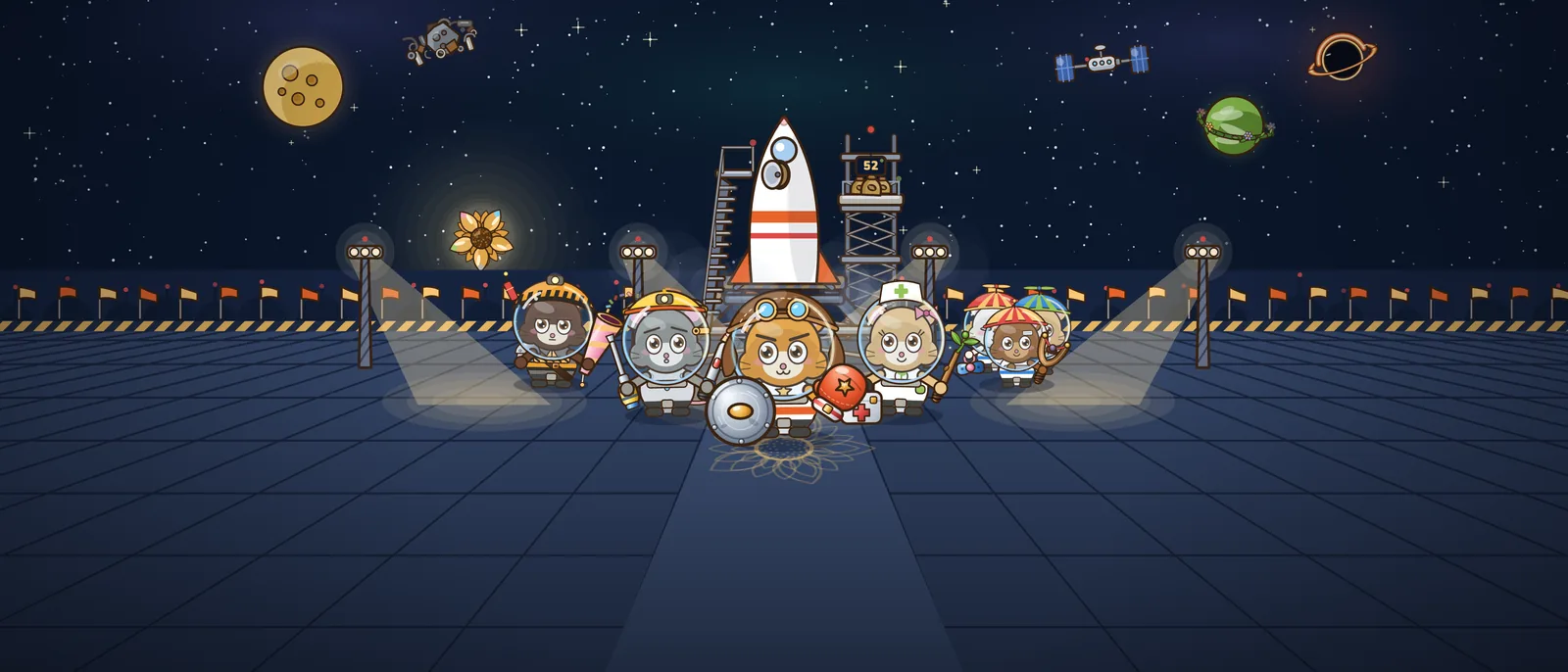The hamster crew in space suits in front of their rocket